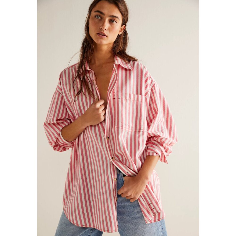 Free People Pink and White Striped Button Down Shirt